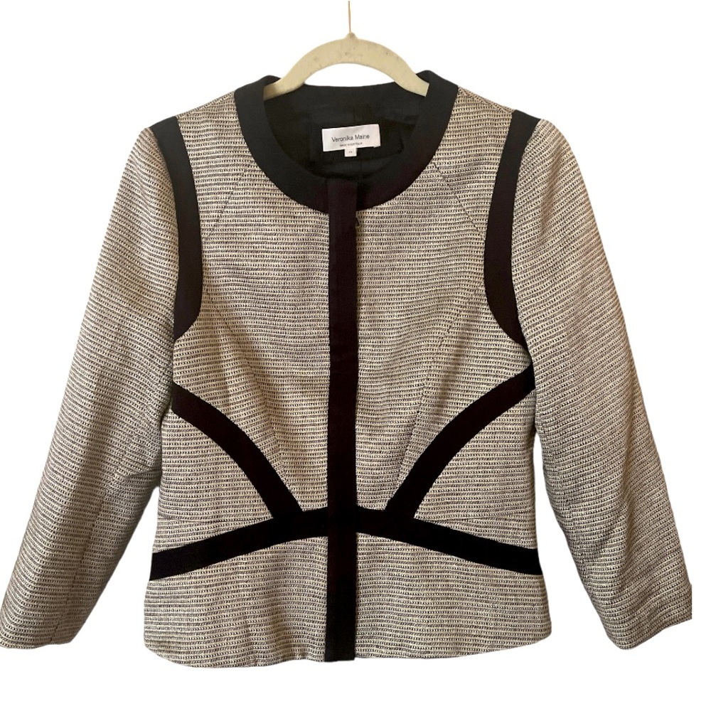 Veronika Maine Cotton Blend Black Metallic White Crop Jacket Blazer Size 10